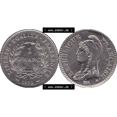 Münzen Frankreich Umlaufmünze 1992-1992, 1 Francs Liberty Freiheitsgöttin 1992-01. Vorderseite und Rückseite horizontal auf einen digitalen Bild der alten französischen... Sammlung