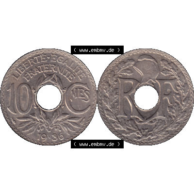 Münzen Frankreich Umlaufmünze in PNG einer Münze aus Frankreich 1917-1938, 10 Centimes, Cent 1936-01. Vorderseite und Rückseite horizontal auf einen digitalen Bild... Sammlung