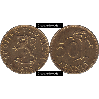 Alte Münzen KMS Finnland, Kursmünzensatz 1976 in Stempelglanz als digitales Computerbild in transparenten PNG 1963-1990, 50 Penny Penniä 1976-1, SUOMEN TASAVALTA.... Sammlung