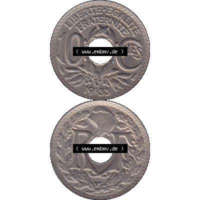 Münzen Frankreich Umlaufmünze in PNG einer Münze aus Frankreich 1917-1938, 10 Centimes, Cent 1933-01. Vorderseite und Rückseite vertikal auf einen digitalen Bild... Sammlung