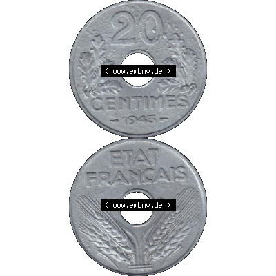 Münzen Frankreich Umlaufmünze in PNG einer Münze aus Frankreich 1941-1944, 20 Centimes, Cent 1943-01. Vorderseite und Rückseite vertikal auf einen digitalen Bild... Sammlung
