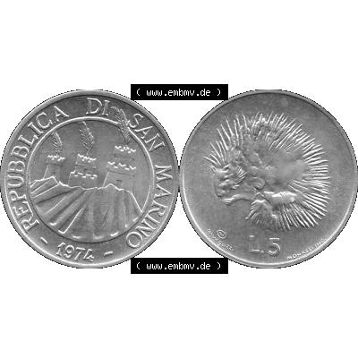 Bildmaterial Münzensatz / KMS 1974 aus San Marino in Graustufen 1974-1974, 5 Lire, L.5 MINGUZZI MONASSI INC. Graustufen. PNG Computer-Grafik in Graustufen einer... Sammlung