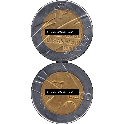 Gedenkmünzen aus San Marino, in PNG 1990-1990, 500 Lire 1600 Jahre San Marino 1990-01. Vorderseite und Rückseite vertikal auf einen digitalen Bild der alten Gedenkmünze... Sammlung