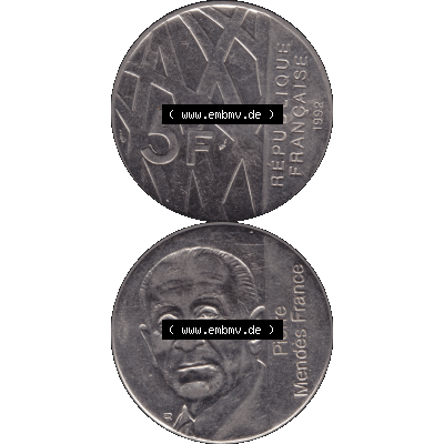 Münzen Frankreich Umlaufmünze 1992-1992, 5 Francs Franken in Nickel 1992-01. Vorderseite und Rückseite vertikal auf einen digitalen Bild der alten französischen Umlaufmünze... Sammlung