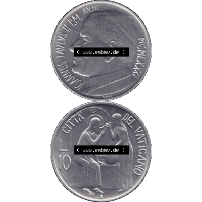Alte Münze aus der Vatikanstadt / Vatikan als PNG-Grafik 1981-1981, 10 Lire Papst Johannes Paul II. 1981-01. Vorderseite und Rückseite vertikal auf einen digitalen Bild... Sammlung