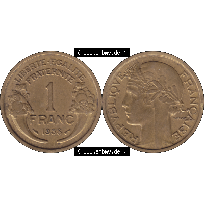 Münzen Frankreich Umlaufmünze in PNG einer Münze aus Frankreich 1931-1941, 1 Francs, Franken 1938-01. Vorderseite und Rückseite horizontal auf einen digitalen Bild... Sammlung
