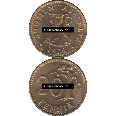 Alte Münzen KMS Finnland, Kursmünzensatz 1978 in Stempelglanz als digitales Computerbild einer finnischen digitalisierten Münze in transparenten PNG 1963-1990, 20 Penny,... Sammlung