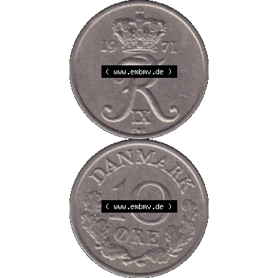 Alte Münze aus Dänemark als PNG-Grafik 1960-1972, 10 Öre 1971-02. Vorderseite und Rückseite vertikal auf einen digitalen Bild der alten dänischen Umlaufmünze... Sammlung