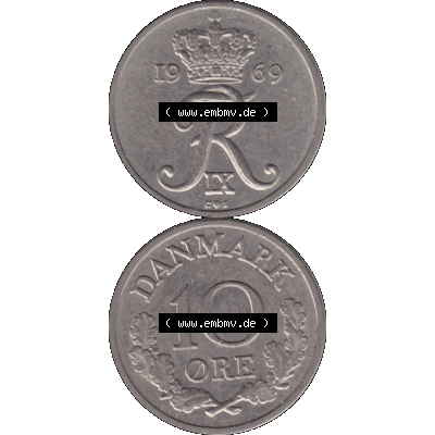 Alte Münze aus Dänemark als PNG-Grafik 1960-1972, 10 Öre 1969-02. Vorderseite und Rückseite vertikal auf einen digitalen Bild der alten dänischen Umlaufmünze... Sammlung