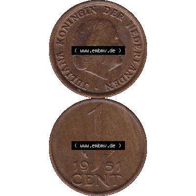 Alte Münze der Niederlande 1951-1975, in PNG digitalisiert 1950-1980, 1 Cent Königin Juliana 1951-01. Vorderseite und Rückseite vertikal auf einen digitalen Bild der alten... Sammlung