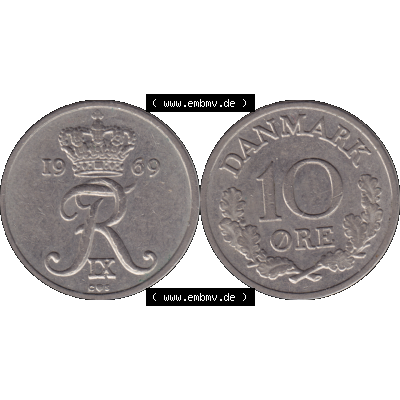 Alte Münze aus Dänemark als PNG-Grafik 1960-1972, 10 Öre 1969-02. Vorderseite und Rückseite horizontal auf einen digitalen Bild der alten dänischen Umlaufmünze... Sammlung