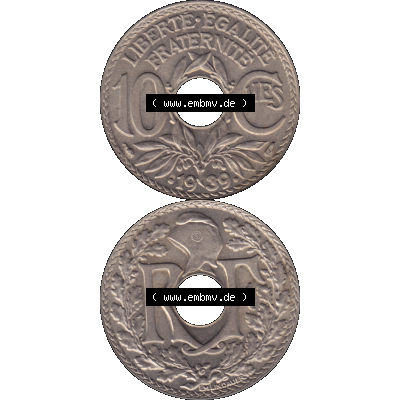 Münzen Frankreich Umlaufmünze in PNG einer Münze aus Frankreich 1938-1939, 10 Centimes, Cent 1939-01. Vorderseite und Rückseite vertikal auf einen digitalen Bild... Sammlung