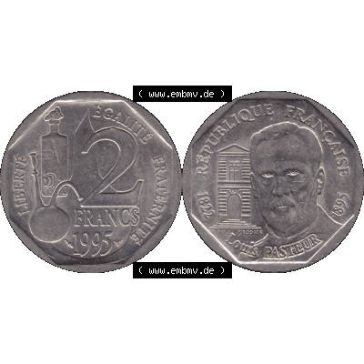 Münzen Frankreich Umlaufmünze 1995-1995, 2 France Louis Rasteur 1995-01. Vorderseite und Rückseite horizontal auf einen digitalen Bild der alten französischen Umlaufmünze... Sammlung