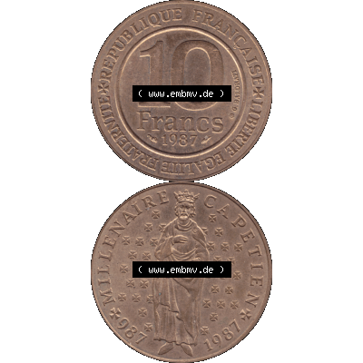 Münzen Frankreich Umlaufmünze 1987-1987, 10 Francs 1000 Jahre König Hugo Capet erster König von Frankreich 1987-01. Vorderseite und Rückseite vertikal auf einen digitalen... Sammlung