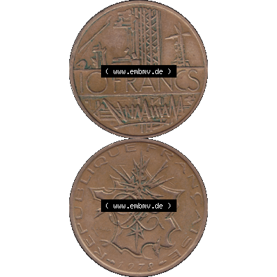 Münzen Frankreich Umlaufmünze 1974-1987, 10 Franken-Francs 1978-02. Vorderseite und Rückseite vertikal auf einen digitalen Bild der alten französischen Umlaufmünze... Sammlung