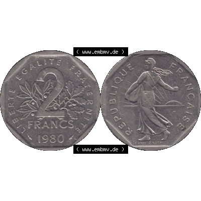 Münzen Frankreich Umlaufmünze 1979-2001, 2 Francs Säerin Semeuse 1980-01. Vorderseite und Rückseite horizontal auf einen digitalen Bild der alten französischen Umlaufmünze... Sammlung