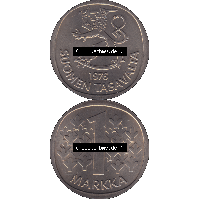 Alte Münzen KMS Finnland, Kursmünzensatz 1976 in Stempelglanz als digitales Computerbild in transparenten PNG 1969-1993, 1 Finnische Mark, Markka 1976-1, SUOMEN TASAVALTA.... Sammlung
