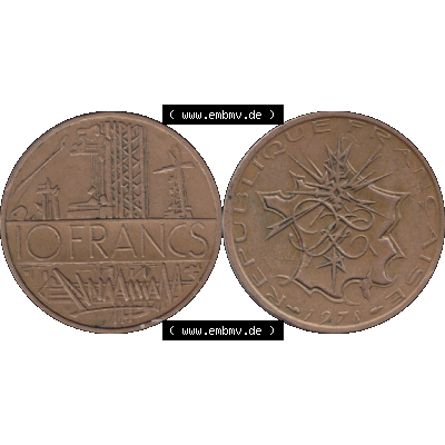 Münzen Frankreich Umlaufmünze 1974-1987, 10 Franken-Francs 1978-01. Vorderseite und Rückseite horizontal auf einen digitalen Bild der alten französischen Umlaufmünze... Sammlung