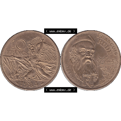 Münzen Frankreich Umlaufmünze 1984-1984, 10 Francs Francois Rude-01 1984-01. Vorderseite und Rückseite horizontal auf einen digitalen Bild der alten französischen Umlaufmünze... Sammlung