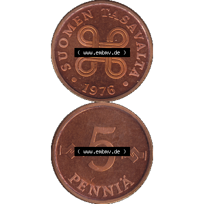 Alte Münzen KMS Finnland, Kursmünzensatz 1976 in Stempelglanz als digitales Computerbild in transparenten PNG 1963-1977, 5 Penny Penniä 1976-1, SUOMEN TASAVALTA.... Sammlung