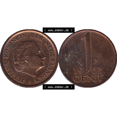 Alte Münze der Niederlande 1951-1975, in PNG digitalisiert 1950-1980, 1 Cent Königin Juliana 1962-01. Vorderseite und Rückseite horizontal auf einen digitalen Bild der... Sammlung