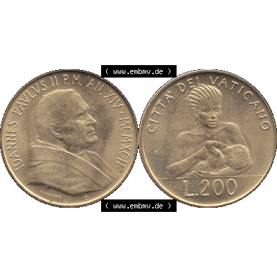 Alte Münze aus der Vatikanstadt / Vatikan als PNG-Grafik 1992-1992, 200 Lire Papst Giovanni Paolo II. 1992-01. Vorderseite und Rückseite horizontal auf einen digitalen... Sammlung