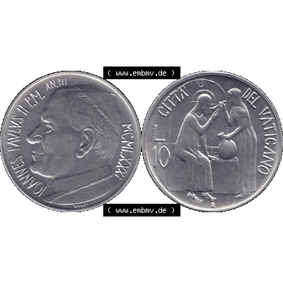 Alte Münze aus der Vatikanstadt / Vatikan als PNG-Grafik 1981-1981, 10 Lire Papst Johannes Paul II. 1981-01. Vorderseite und Rückseite horizontal auf einen digitalen Bild... Sammlung