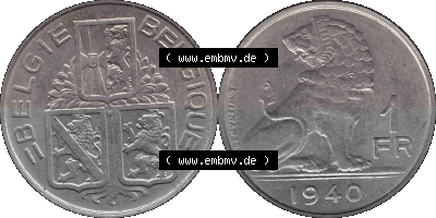Alte Münze aus Belgien als PNG-Grafik 1939-1940, 1 FR, Franken, BELGIE - BELGIQUE 1940 Sammlung