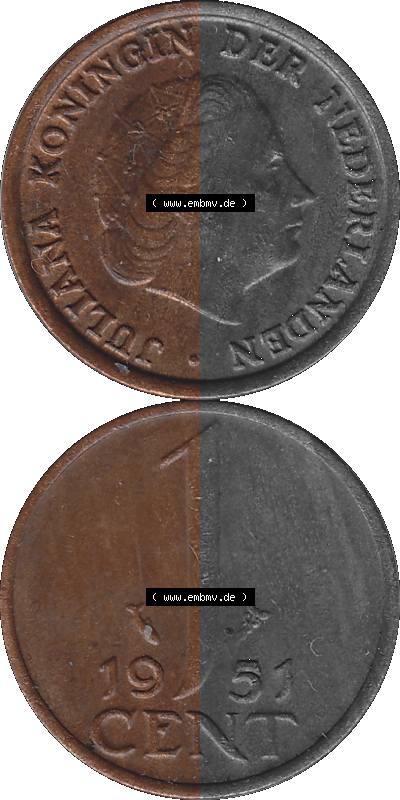 Münze der Niederlande 1951-1975, in PNG digitalisiert 1950-1980, 1 Cent Königin Juliana 1951, Vorderseite und Rückseite vertikal,... Sammlung