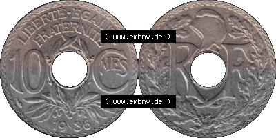 PNG einer Münze aus Frankreich 1917-1938, 10 Centimes, Cent 1936 Sammlung