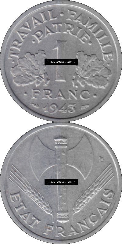 PNG einer Münze aus Frankreich 1942-1944, 1 Franc, Franken 1943 Sammlung