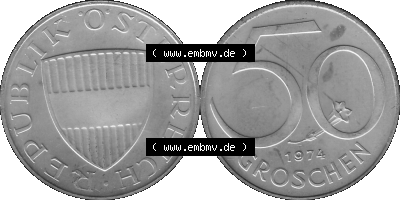 Alte Münze aus KMS Österreich, Kursmünzensatz 1974 in PP 1959-2001, 50 Groschen 1974, Graustufen PNG Bilder als Bildmaterial Sammlung