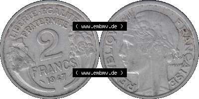 PNG einer Münze aus Frankreich 1941-1959, 2 Francs, Franken 1947 Sammlung