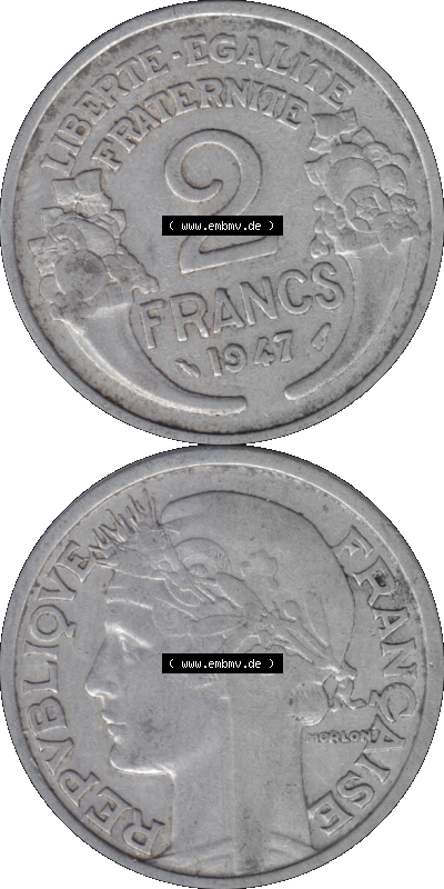 PNG einer Münze aus Frankreich 1941-1959, 2 Francs, Franken 1947 Sammlung