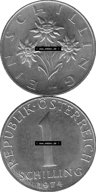 Alte Münze aus KMS Österreich, Kursmünzensatz 1974 in PP 1959-2001, 1 Schilling 1974, PNG Graustufen Bilder als Bildmaterial Sammlung