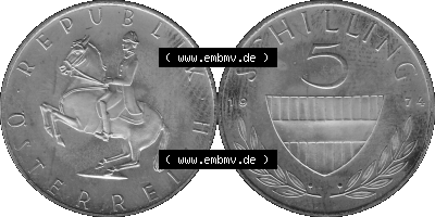 Alte Münze aus KMS Österreich, Kursmünzensatz 1974 in PP 1968-2001, 5 Schilling 1974, Graustufen PNG Bilder als Bildmaterial Sammlung