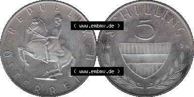 Alte Münze aus KMS Österreich, Kursmünzensatz 1974 in PP 1968-2001, 5 Schilling 1974 Sammlung