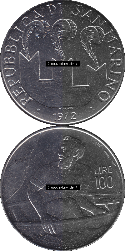 San Marino 1972-1972, Münze 100 Lire von 1972, 100 LIRE MONASSI REPUBBLICA DI SAN MARINO Sammlung