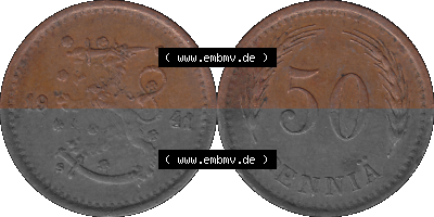 Finnland in transparenten digitalen PNG-Format 1940-1943, 50 Penny, Penniä, Kupfer 1941 Sammlung
