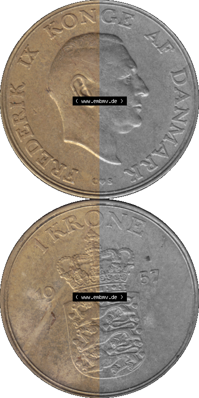 Alte Münze aus Dänemark als PNG-Grafik 1947-1960, 1 Krone 1957 (Stück 1) Kursmünze. Vorderseite und Rückseite vertikal auf... Sammlung