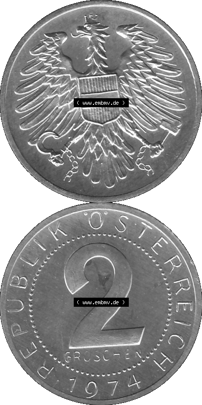 Alte Münze aus KMS Österreich, Kursmünzensatz 1974 in PP 1950-1994, 2 Groschen 1974, PNG Graustufen Bilder als Bildmaterial Sammlung