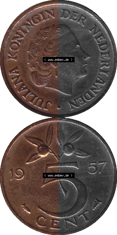 Alte Münze der Niederlande 1951-1975, in PNG digitalisiert 1950-1980, 5 Cent Königin Juliana 1957, 5 Cent Umlaufmünze aus den... Sammlung