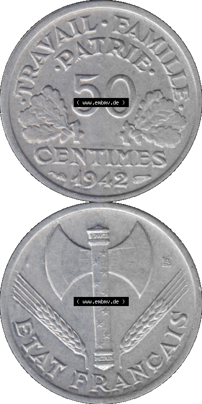 PNG einer Münze aus Frankreich 1942-1944, 50 Centimes, Cent 1942 Sammlung