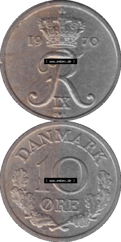 Alte Münze aus Dänemark als PNG-Grafik 1960-1972, 10 Öre 1970 (Stück 2). Vorderseite und Rückseite vertikal auf einen digitalen... Sammlung