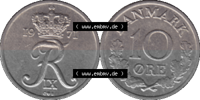 Alte Münze aus Dänemark als PNG-Grafik 1960-1972, 10 Öre 1971 (Stück 1). Vorderseite und Rückseite horizontal auf einen digitalen... Sammlung