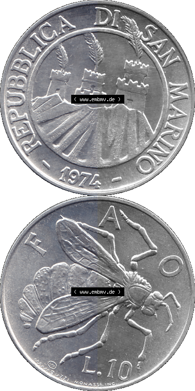 San Marino Münze 1974-1974 als transparente PNG-Grafik, 10 Lire, L.10 MINGUZZI MONASSI INC. Sammlung
