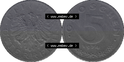 Alte Münze aus KMS Österreich, Kursmünzensatz 1974 in PP 1948-1994, 5 Groschen 1974 Sammlung