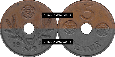 Finnland in transparenten digitalen PNG-Format 1941-1943, 5 Penny, Penniä, Kupfer 1941 Sammlung