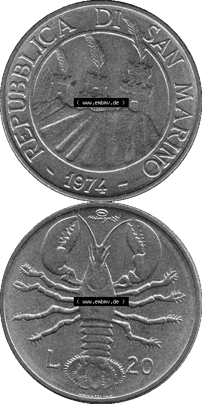 Münzensatz / KMS 1974 aus San Marino in Graustufen 1974-1974, 20 Lire, L.20 MINGUZZI MONASSI INC. Sammlung