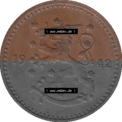 Finnland in transparenten digitalen PNG-Format 1940-1951, 1 finnische Mark, Markka, Kupfer 1942 Sammlung